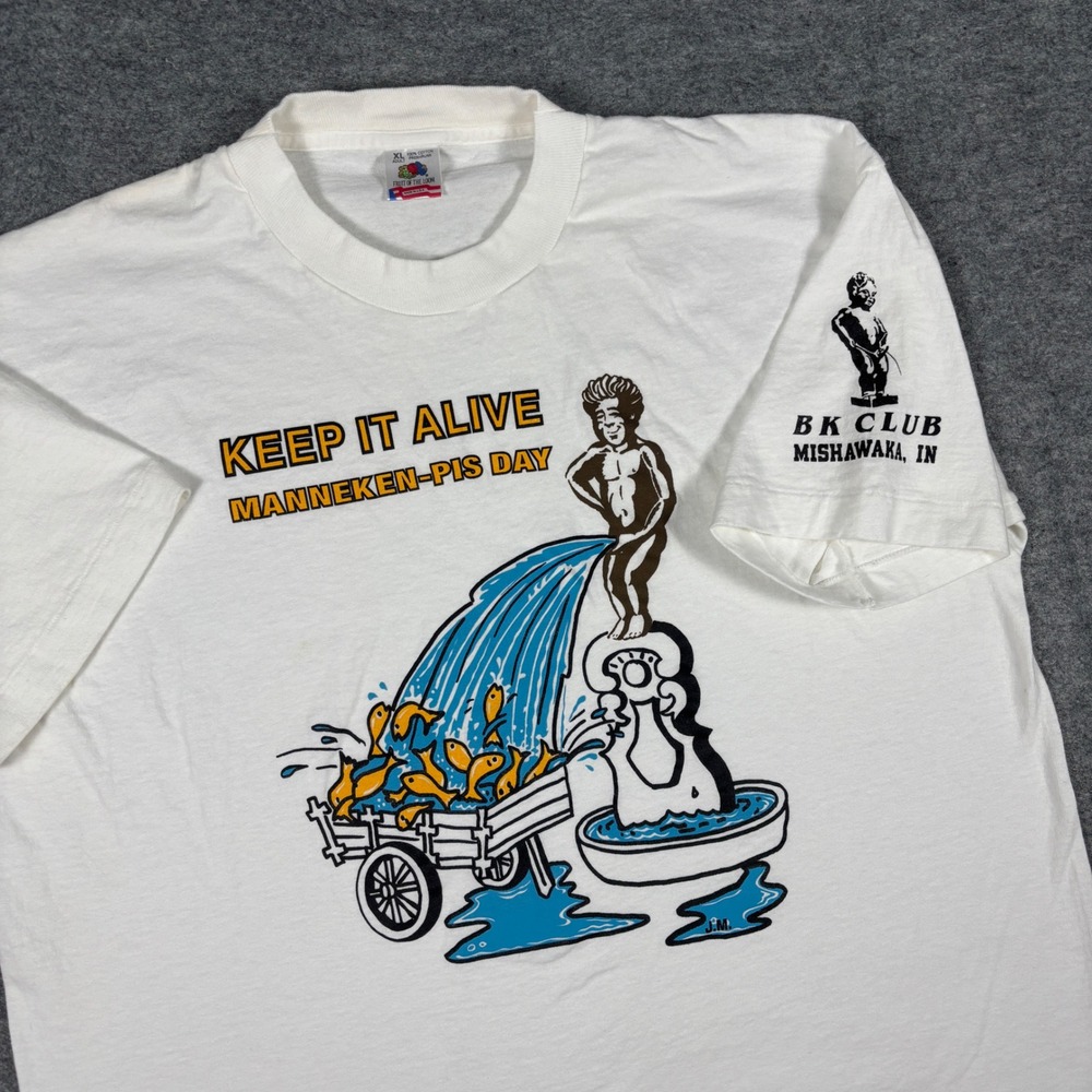 Vintage Fruit of the Loom Manneken-Pis Day BK Club Mishawaka IN T-Shirt White XL